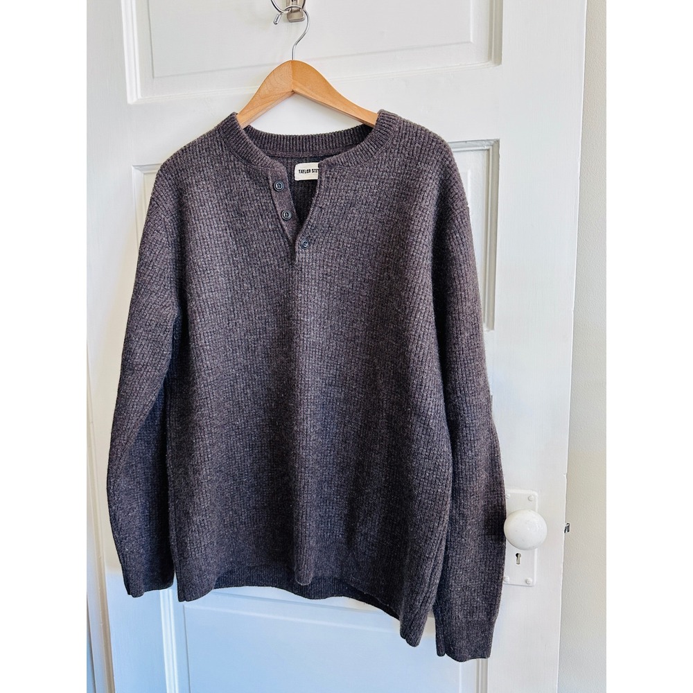 Taylor Stitch Mens Henley Sweater Charcoal Brown Ribbed Knit Wool Blend Size 44